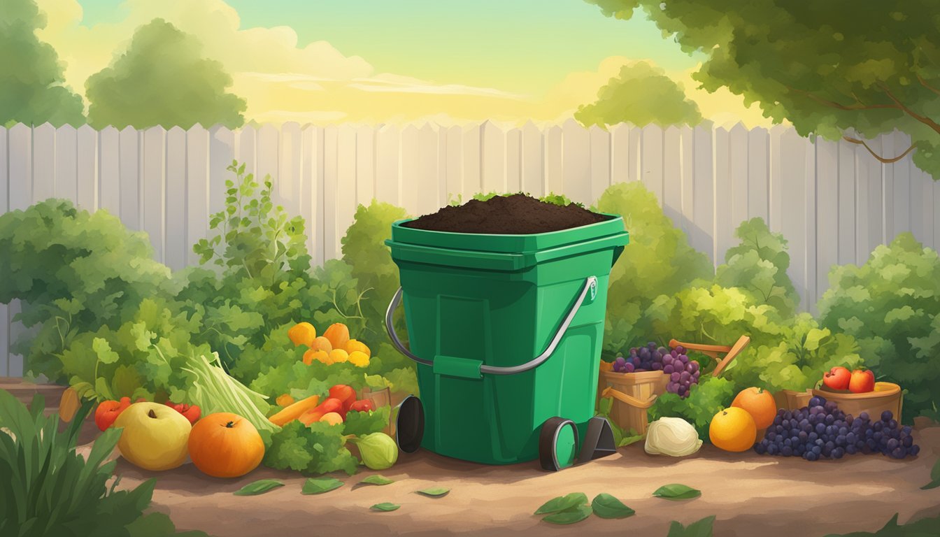 A backyard garden in Fresno with a compost bin, fruit and vegetable scraps, leaves, and a shovel. Sunny sky and green surroundings