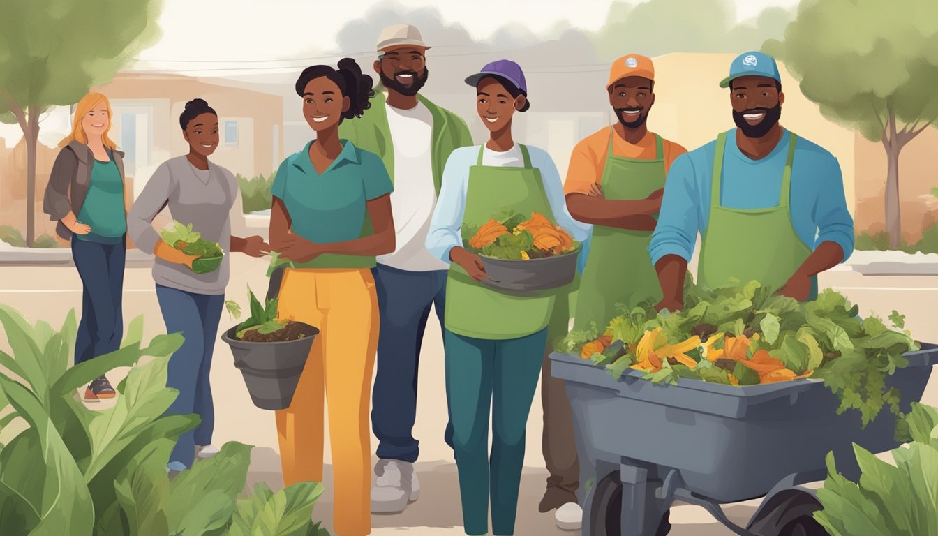 A diverse group of people in Fontana, CA work together to compost organic waste in an urban setting, using community resources and sustainable practices