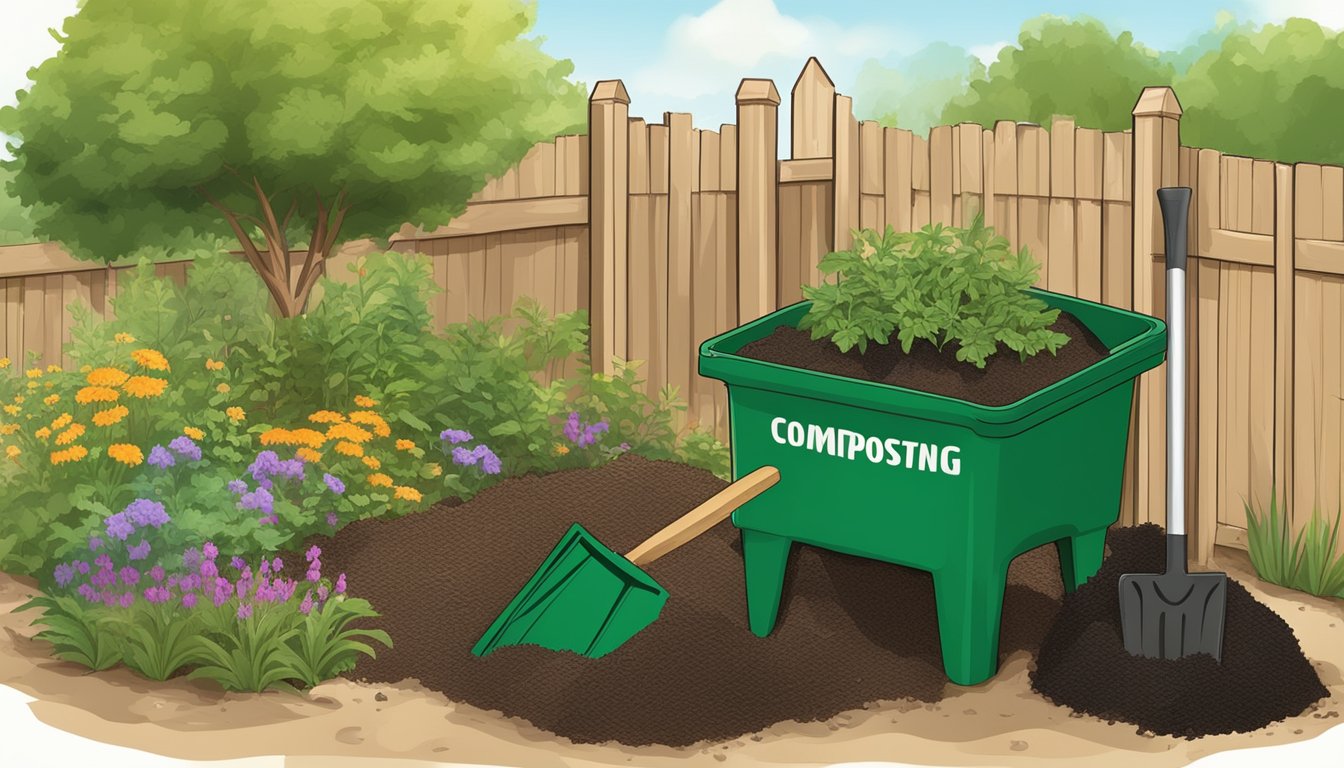 A backyard compost bin surrounded by greenery, with a shovel and gardening gloves nearby. A small sign displays composting regulations and support in Fontana, CA