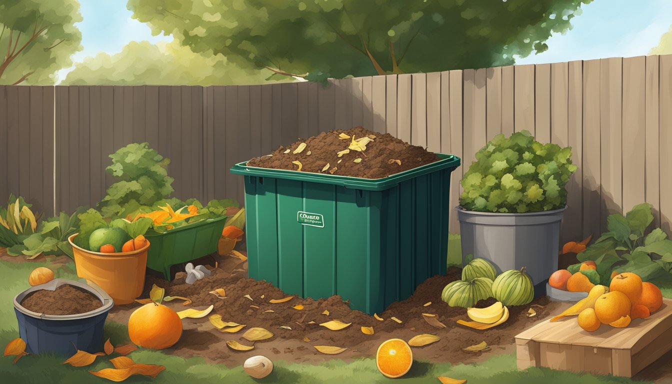 A backyard in Fresno, CA with a compost bin surrounded by various organic waste materials, such as fruit peels, vegetable scraps, and dry leaves