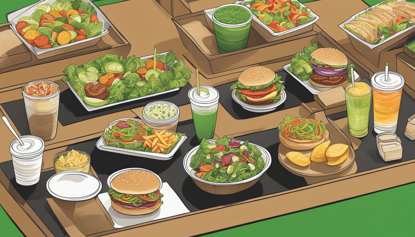 A vibrant menu board displays a variety of fresh, healthy options at Shake Shack, featuring colorful salads, grilled chicken sandwiches, and veggie burgers