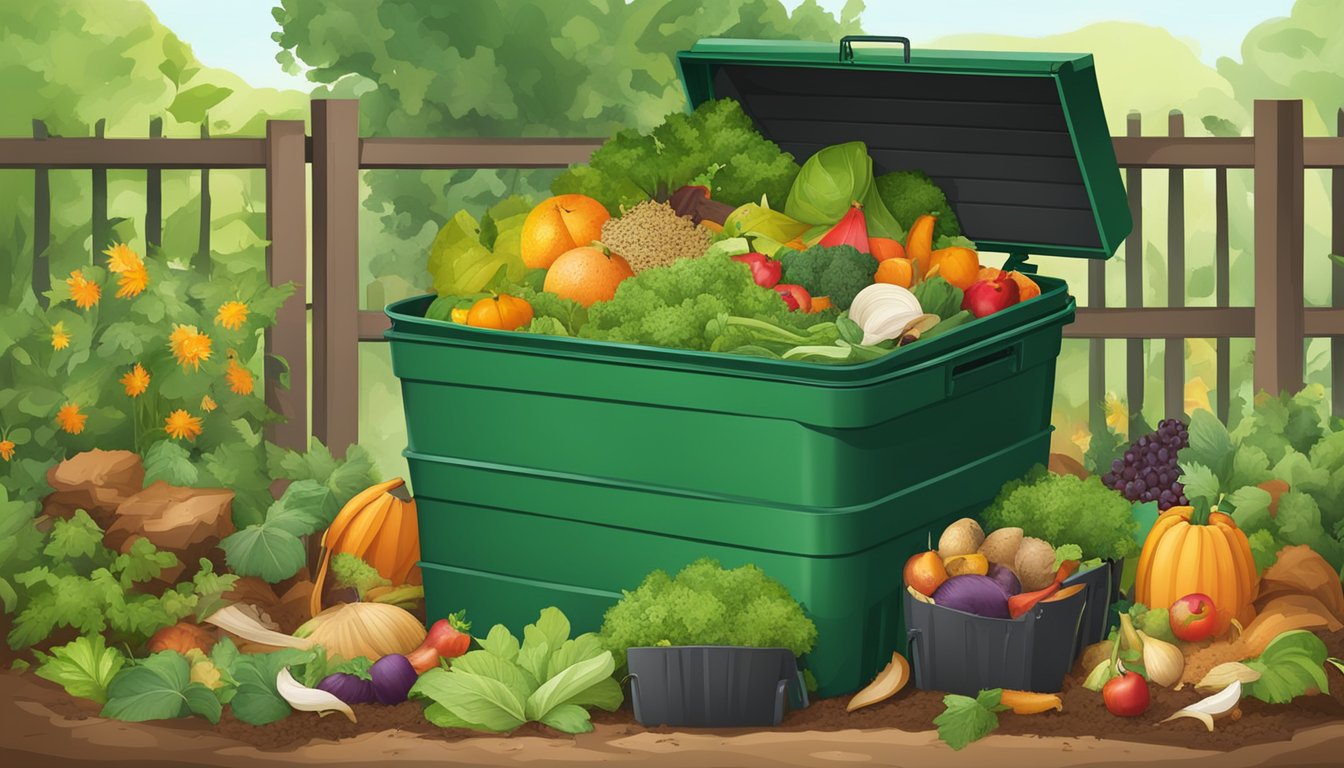 A backyard compost bin surrounded by a variety of organic waste, including fruit and vegetable scraps, leaves, and grass clippings