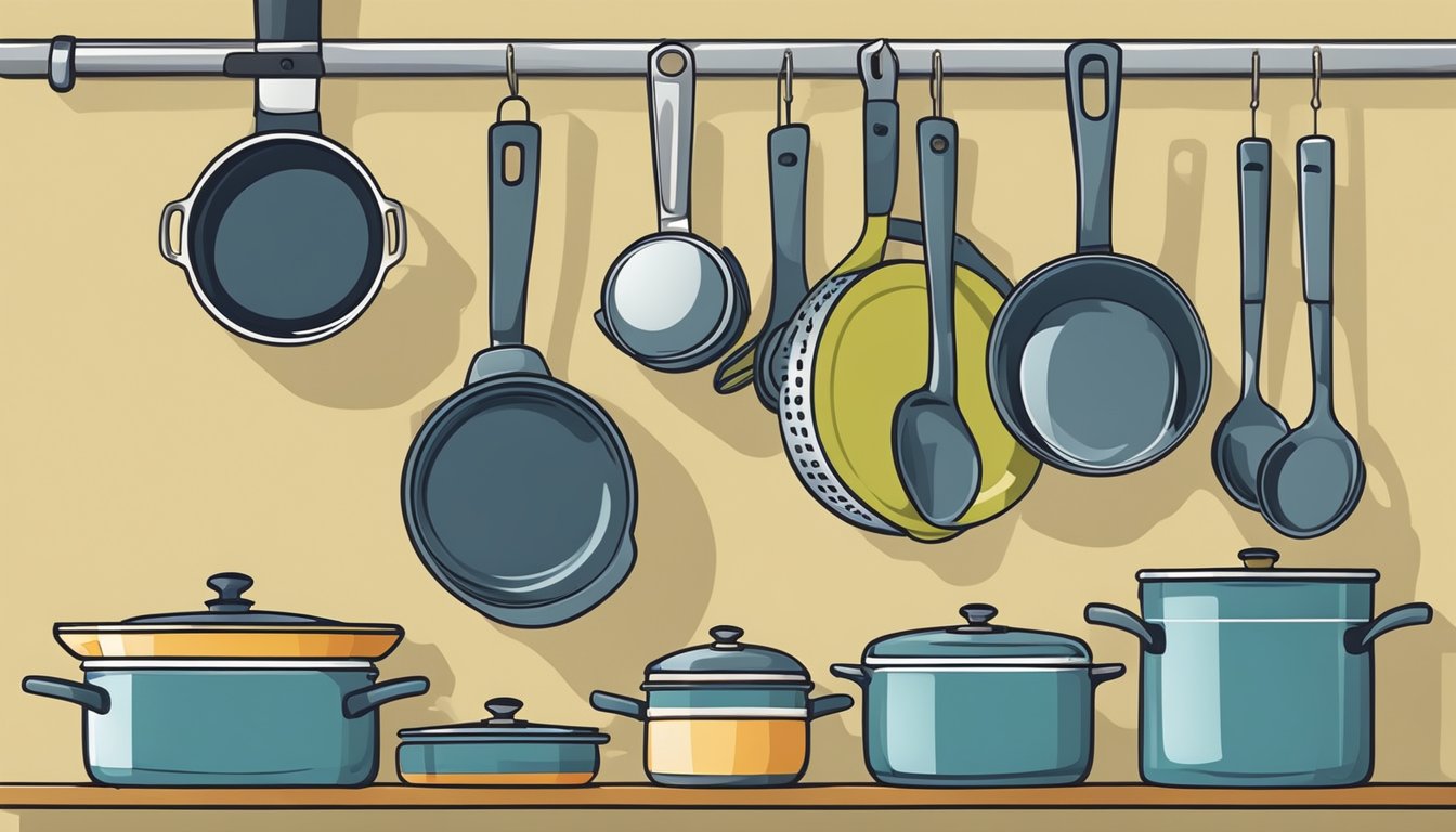 A collection of various cookware items, including pots, pans, and utensils, arranged neatly on a kitchen counter or hanging from a rack