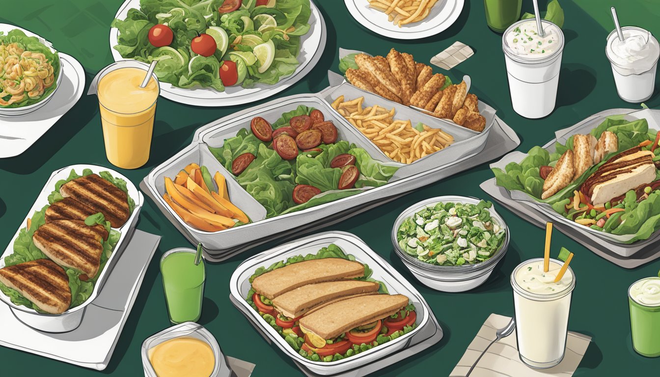 A table with various healthy options from Shake Shack, including salads, grilled chicken sandwiches, and protein shakes