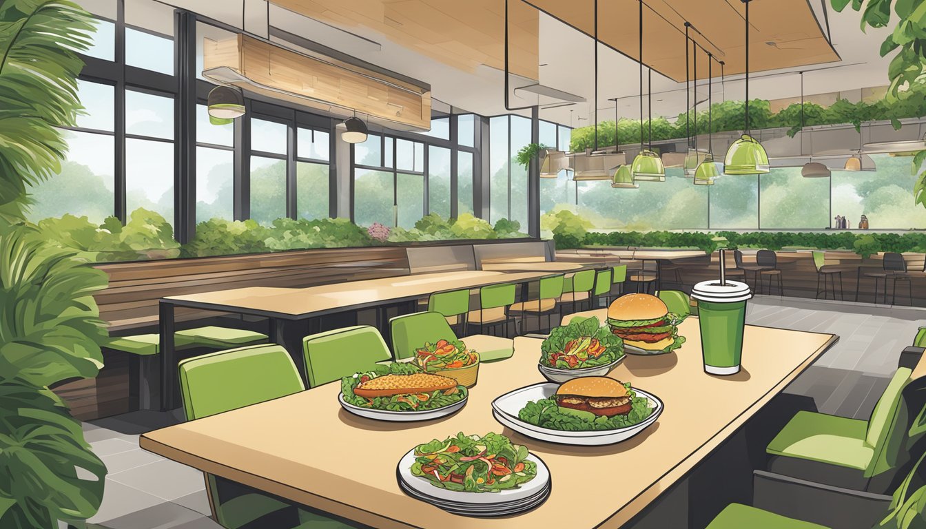 A colorful Shake Shack menu featuring fresh salads and grilled chicken options, surrounded by vibrant greenery and a sleek, modern interior