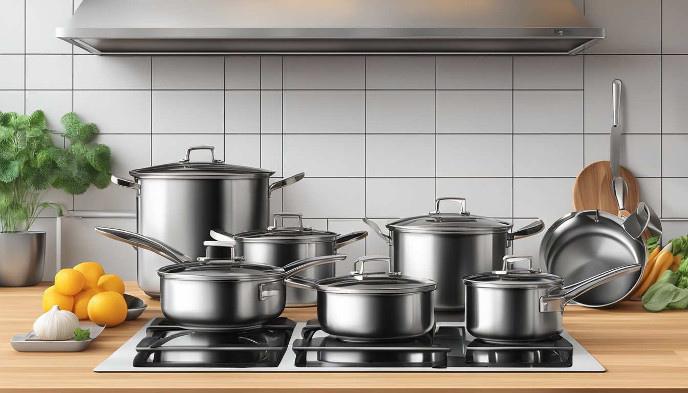 A modern kitchen with a sleek, stainless steel cookware set displayed on a durable, wooden countertop