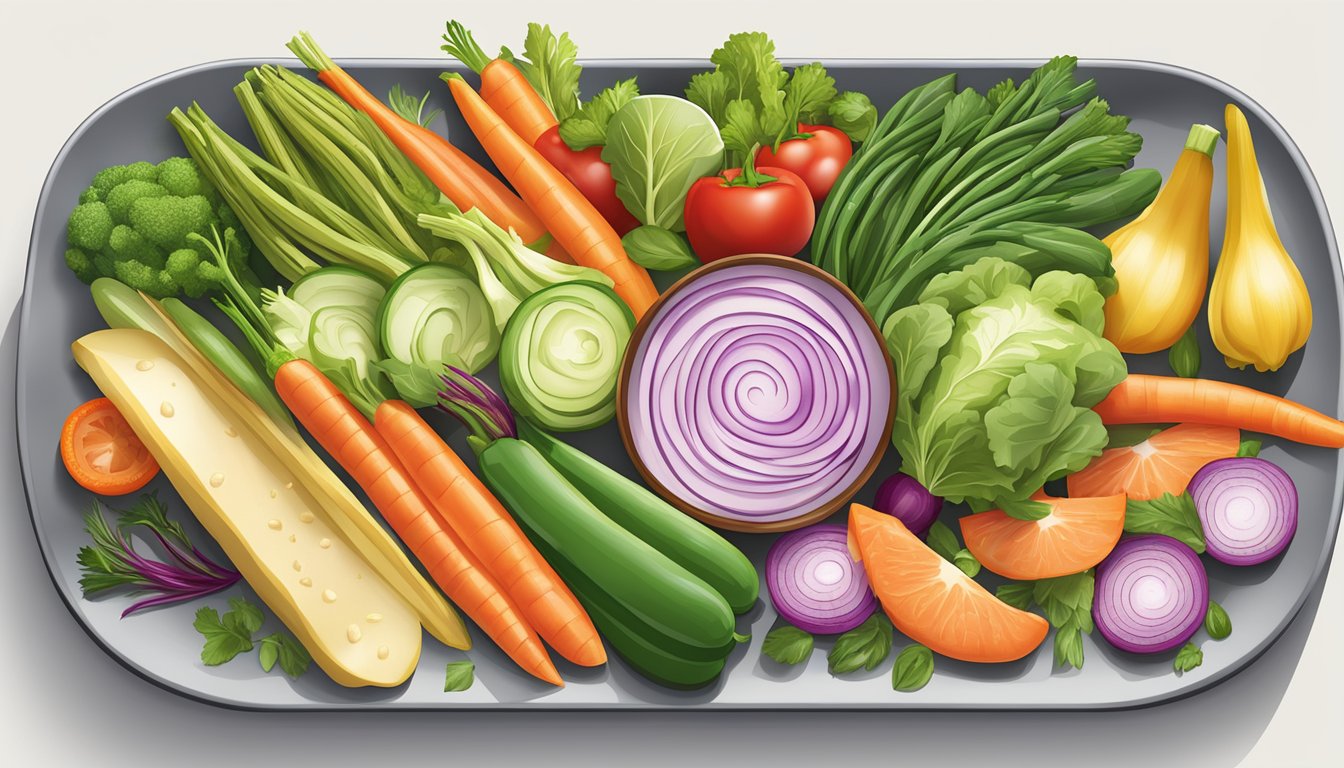 A colorful array of fresh vegetables and lean protein options displayed on a clean, modern serving platter