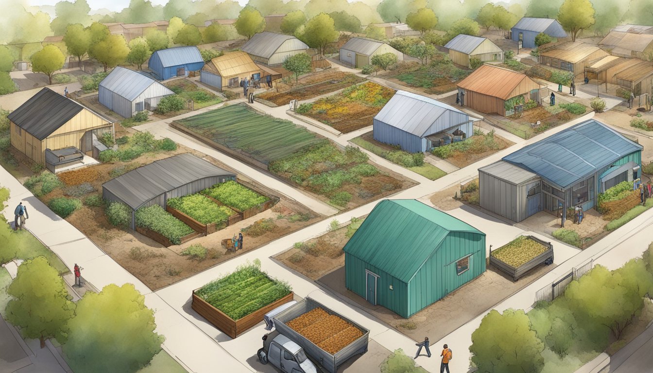 A bustling Fresno neighborhood with diverse composting systems and innovative technology for organic waste management