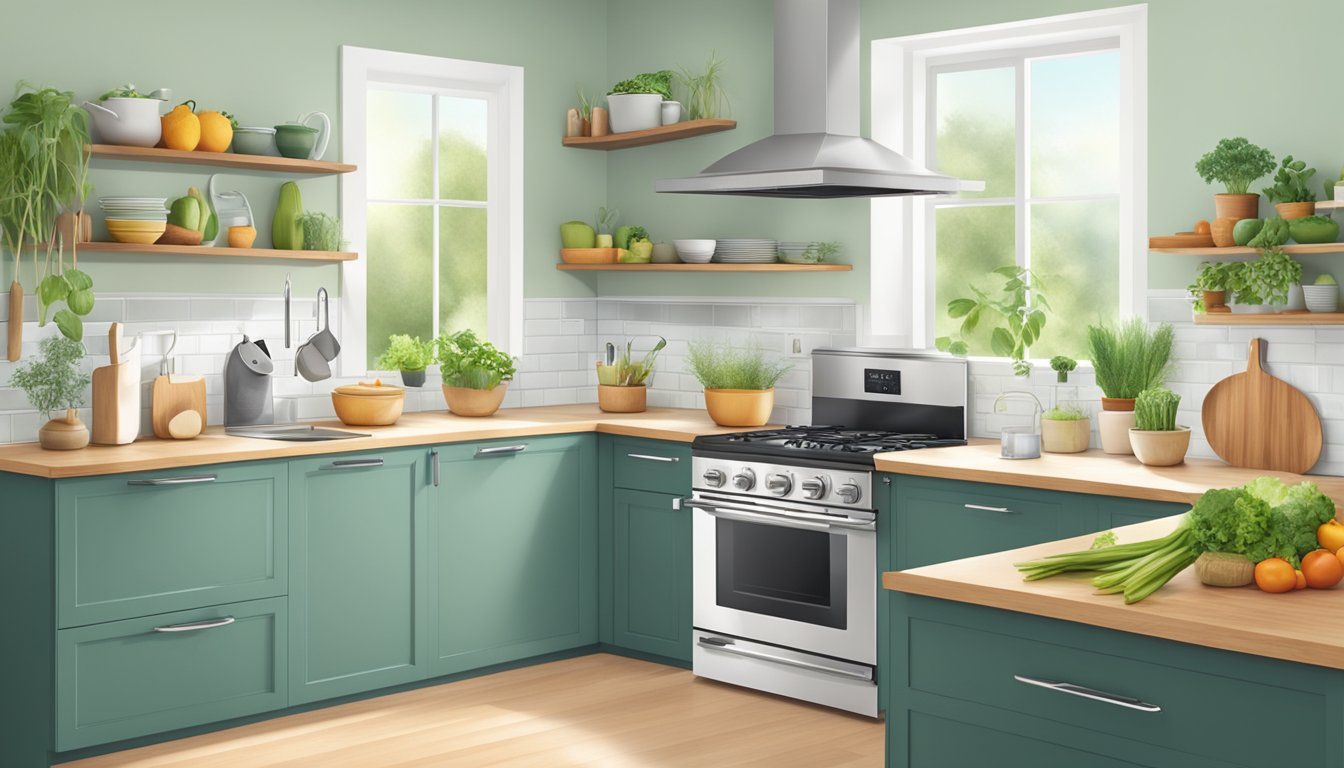 A modern kitchen with eco-friendly cookware, fresh ingredients, and a focus on healthy cooking