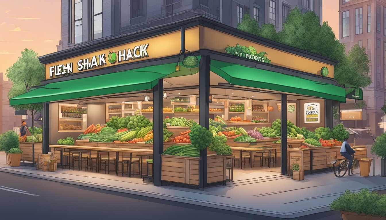 A colorful array of fresh vegetables and fruits, along with lean proteins and whole grains, arranged around a Shake Shack sign