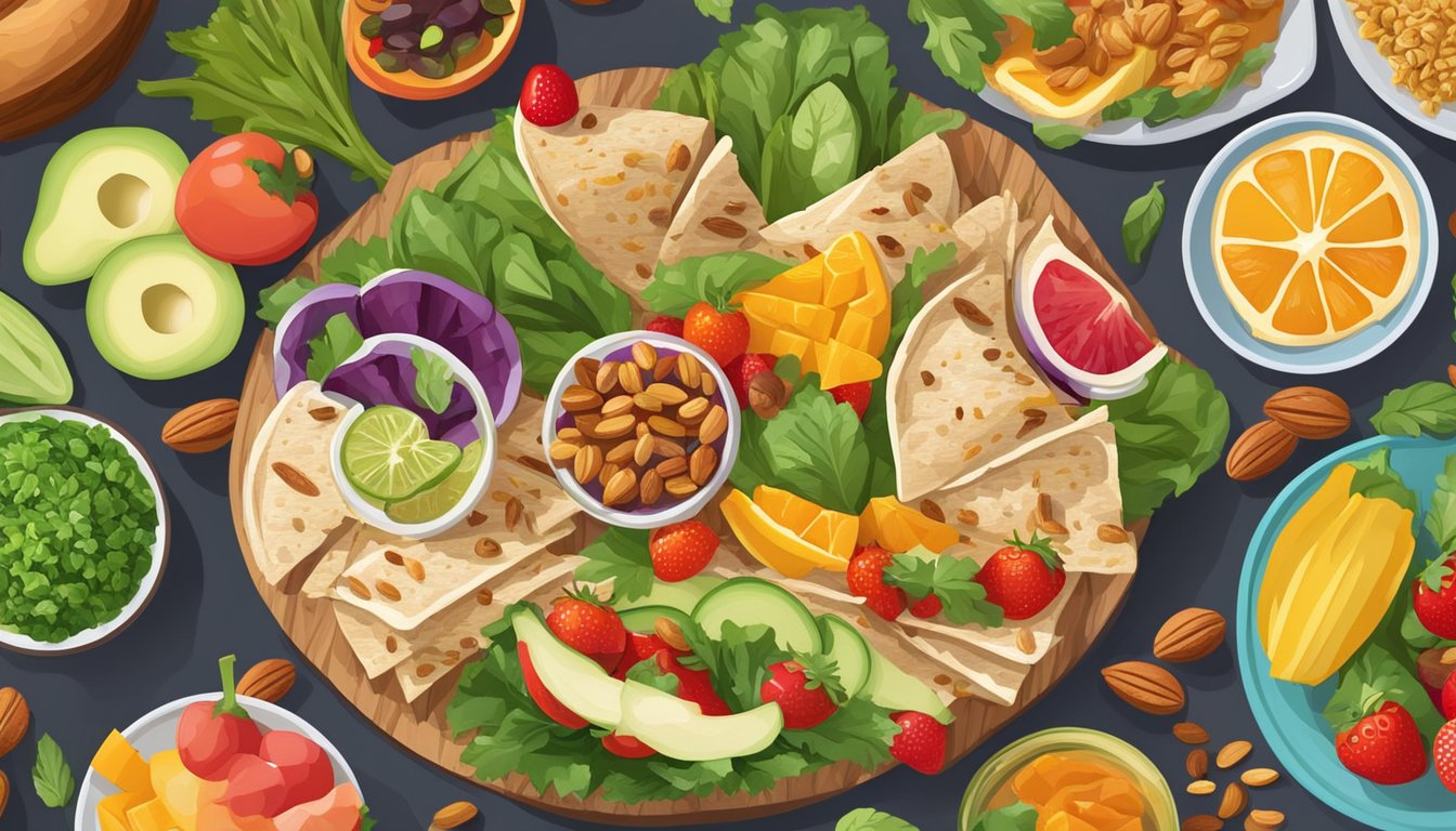 A colorful spread of fresh vegetables, grilled chicken, and whole grain wraps, surrounded by vibrant fruits and nuts