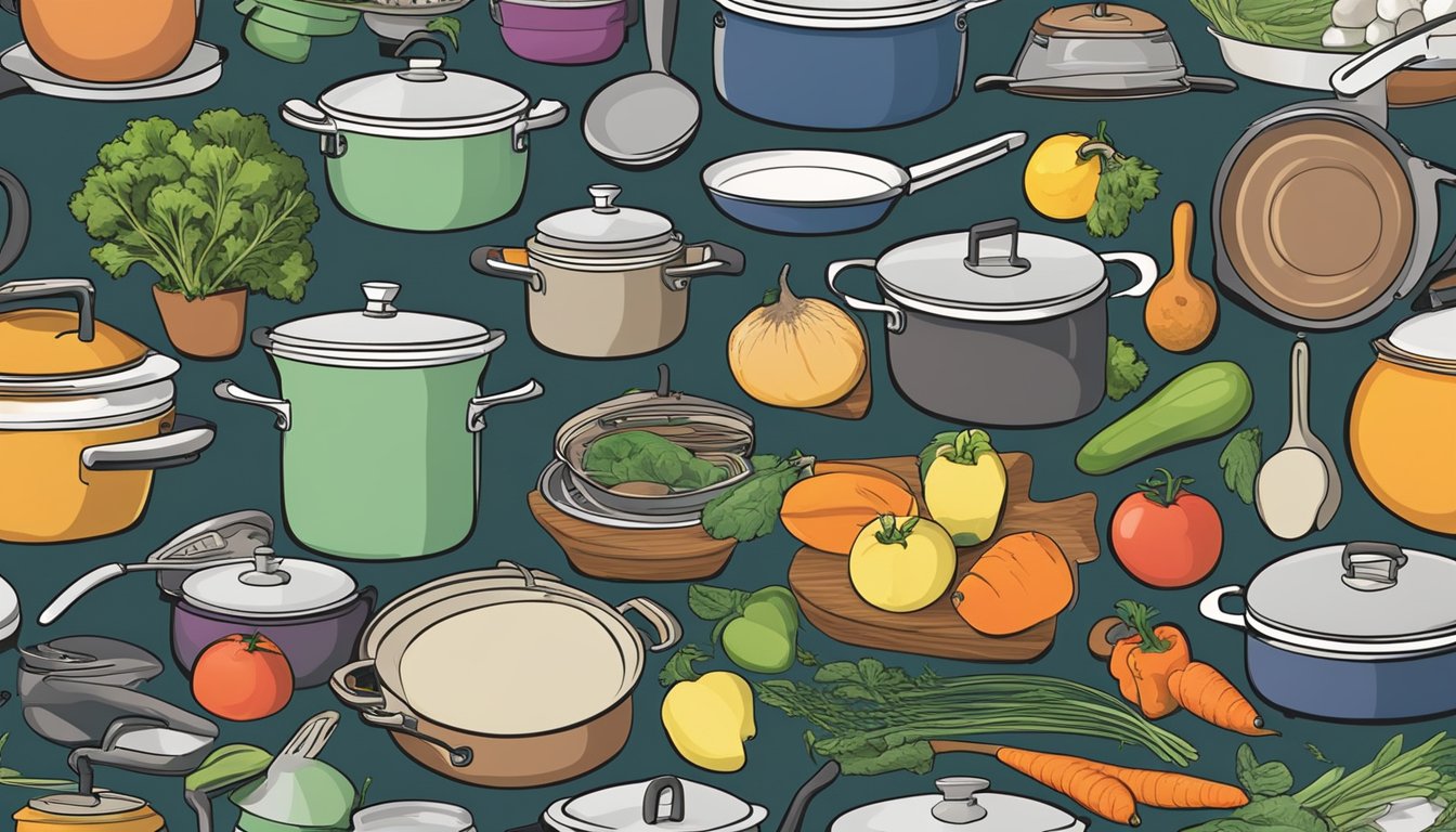 A variety of cookware items, including pots, pans, and utensils, are neatly arranged on a kitchen countertop, with fresh fruits and vegetables nearby