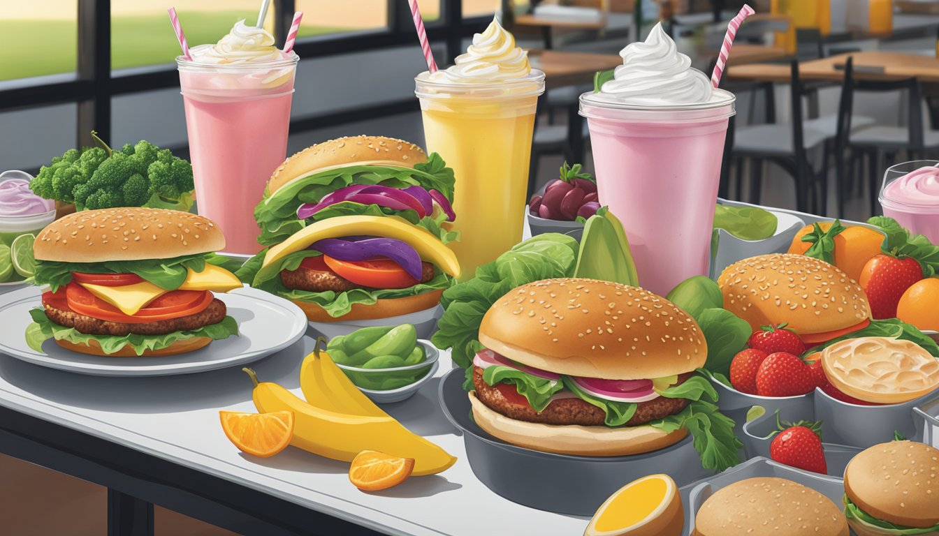 A colorful array of fresh fruits and vegetables displayed next to a tempting spread of burgers and milkshakes at Shake Shack