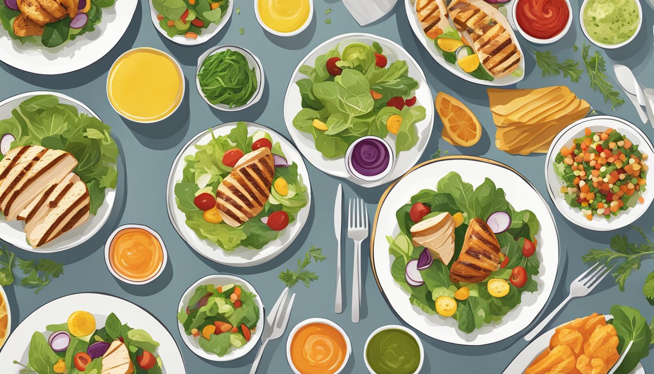 A colorful array of fresh salads, grilled chicken, and vegetable sides displayed on a clean, modern table setting