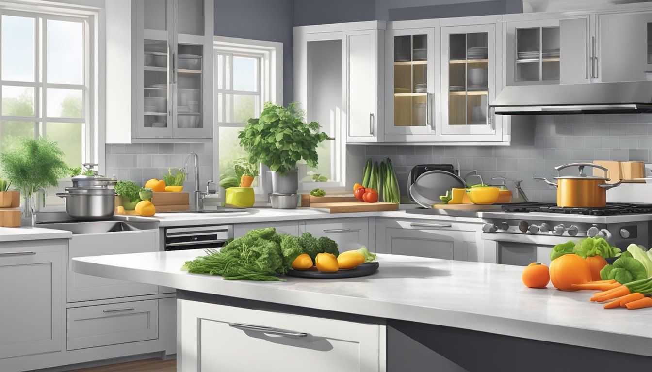 A modern kitchen with a variety of sleek, stainless steel cookware arranged neatly on a countertop. Bright, fresh produce and herbs are nearby, adding a pop of color to the scene