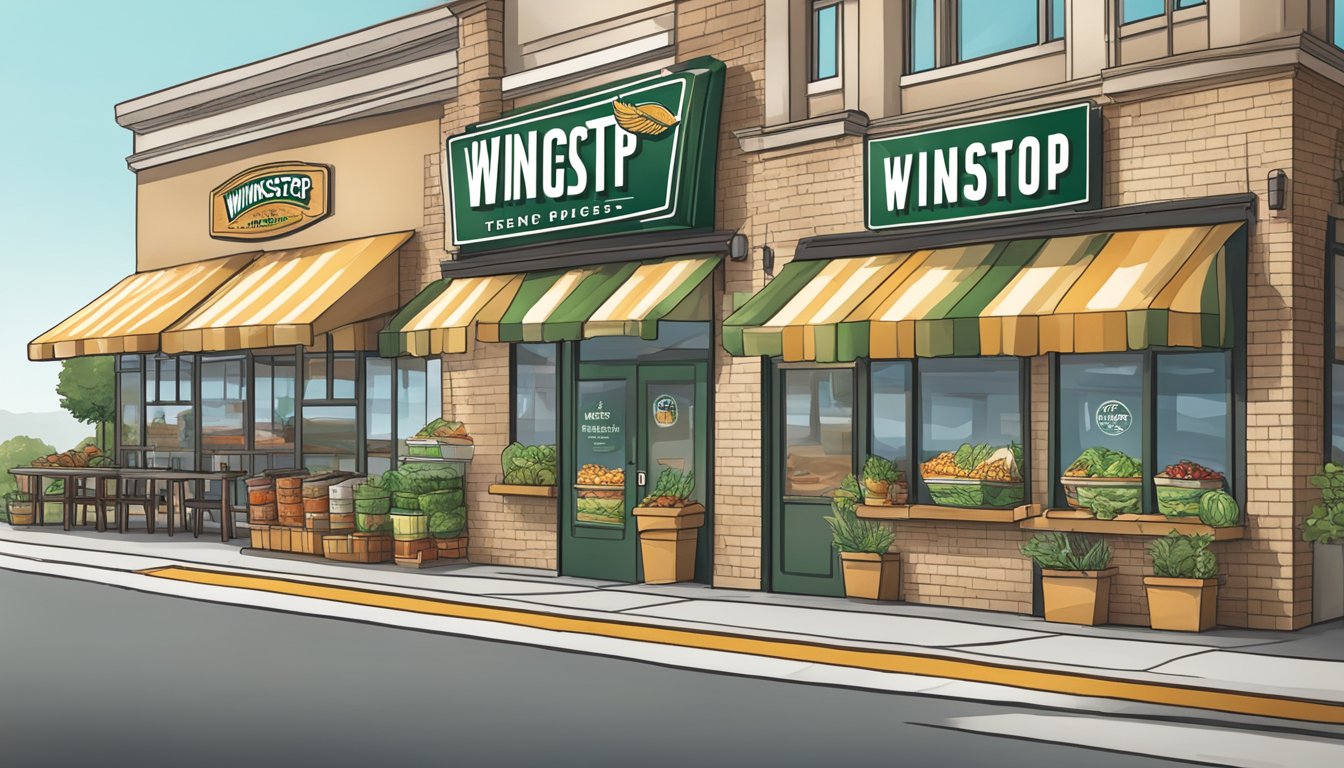 A variety of healthy food options are displayed next to a Wingstop sign