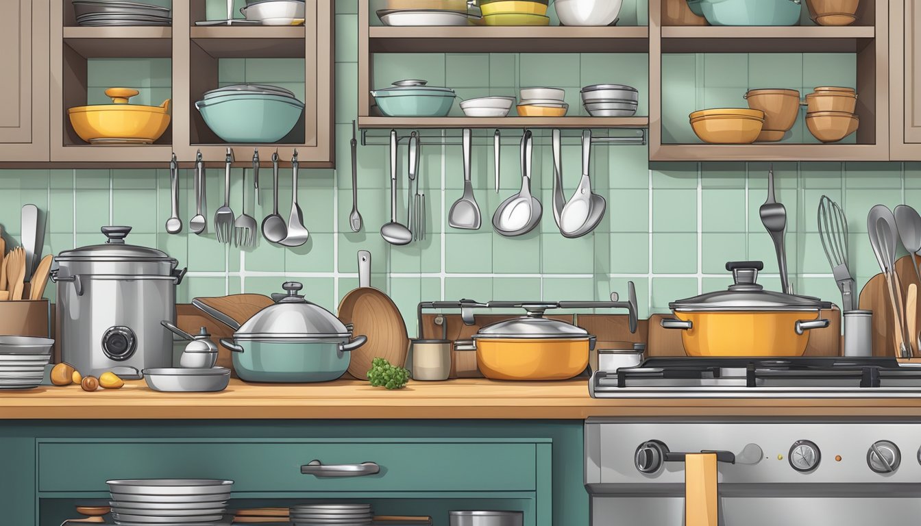 A neatly organized kitchen counter with a variety of shiny, well-maintained cookware and utensils