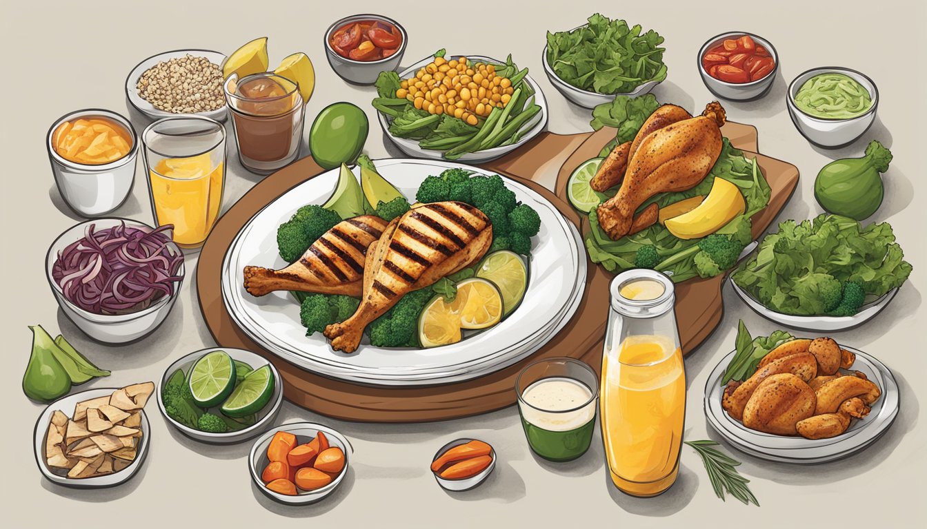 A variety of fresh, colorful ingredients arranged around a plate of grilled chicken, showcasing the diverse flavor profiles offered by Wingstop's healthy options