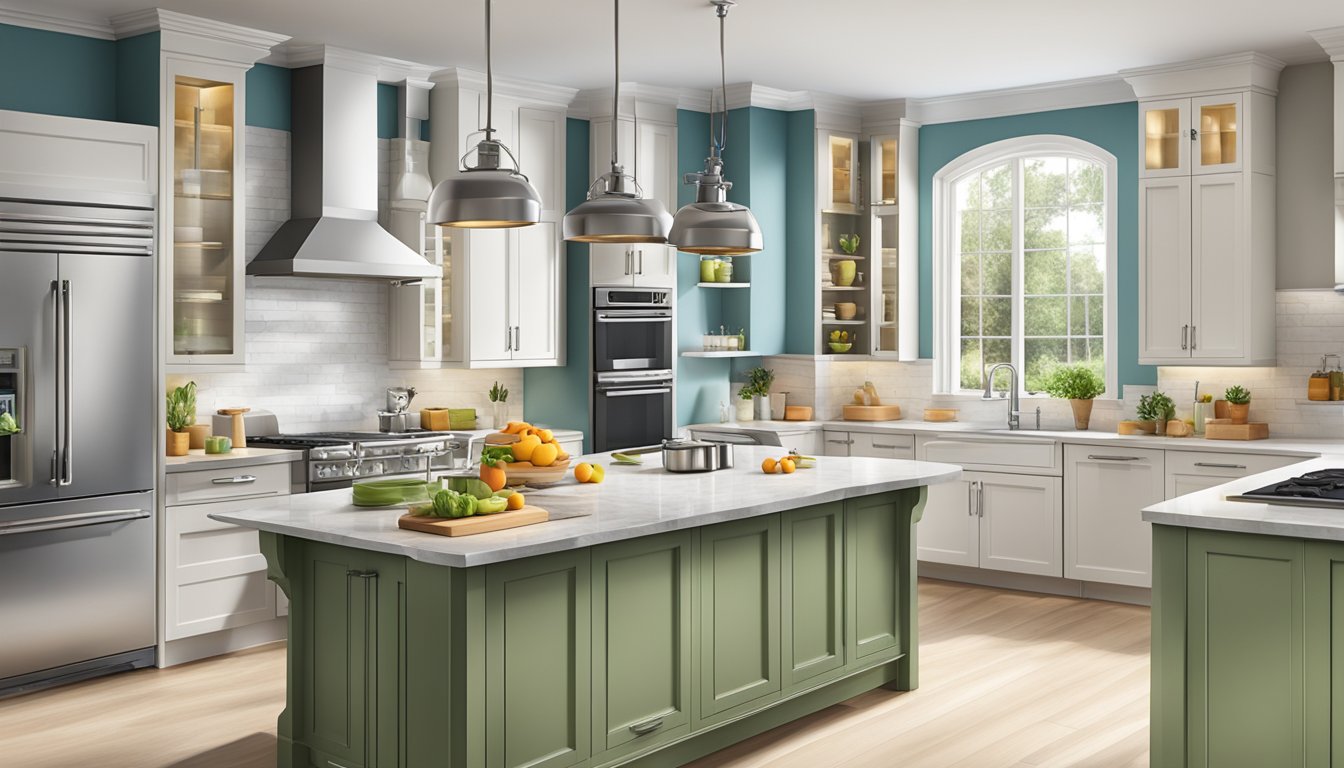 A bright, modern kitchen with sleek countertops and shelves displaying a variety of high-quality cookware sets