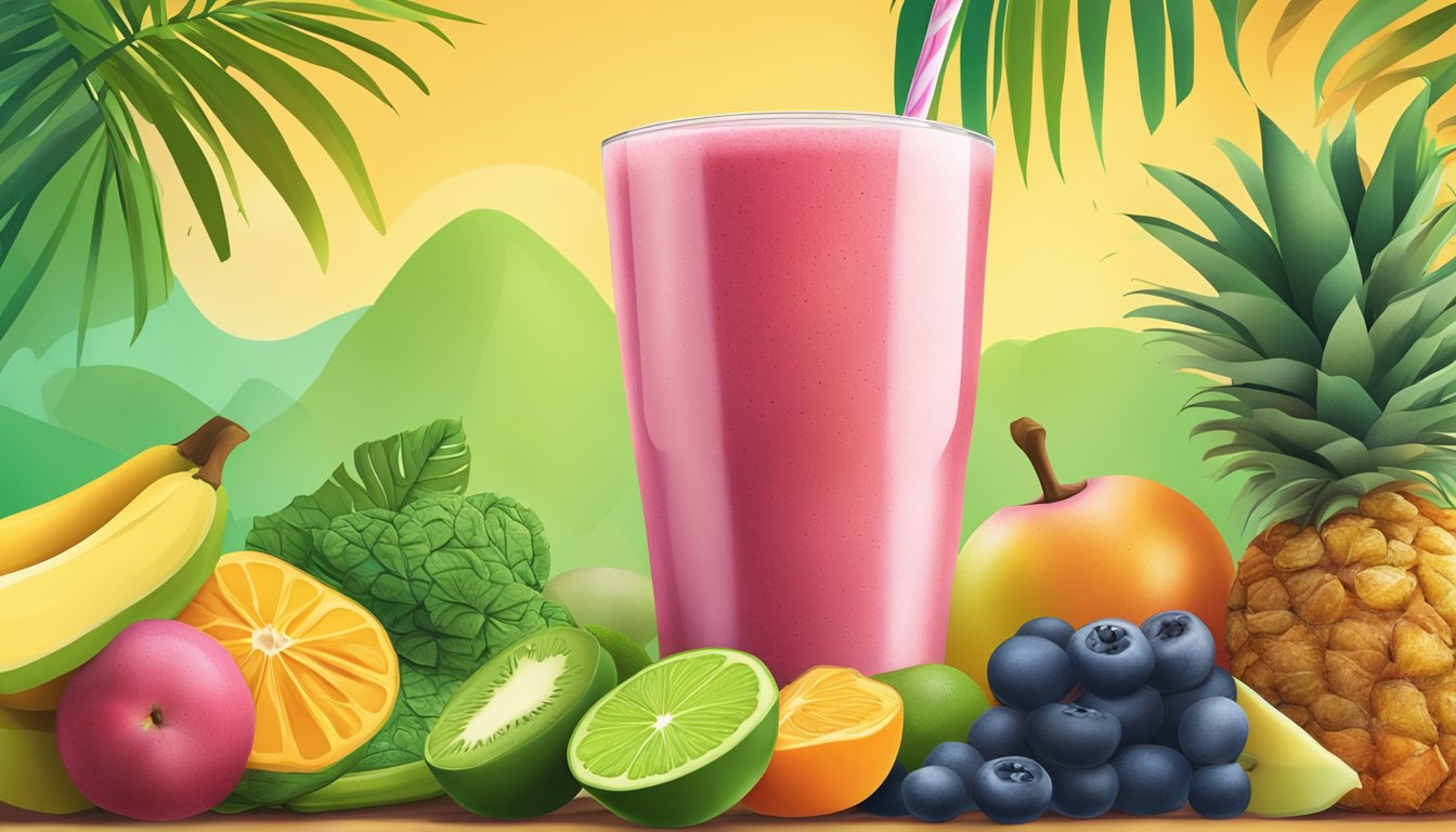 A tropical smoothie surrounded by fresh fruits and vegetables on a vibrant, tropical-themed background