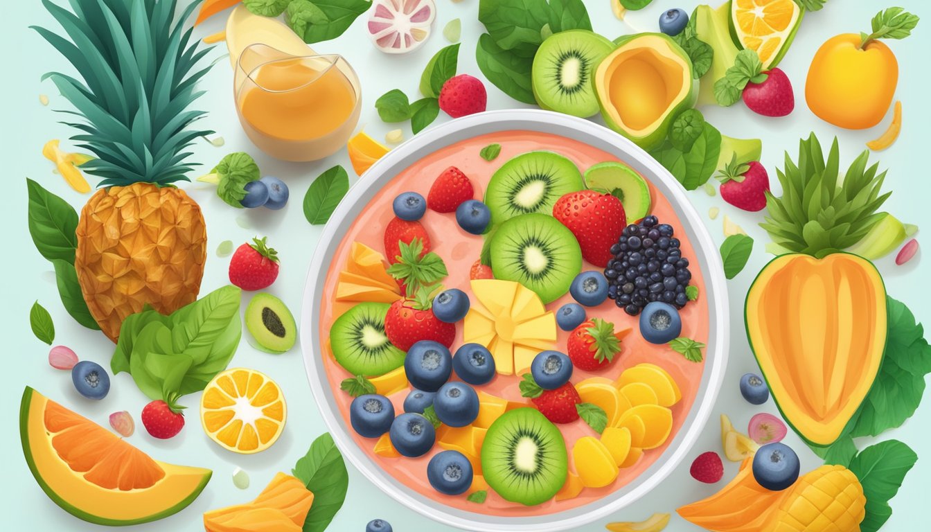 A colorful array of fresh tropical fruits and vegetables arranged around a vibrant, overflowing smoothie bowl, with various dietary symbols displayed nearby