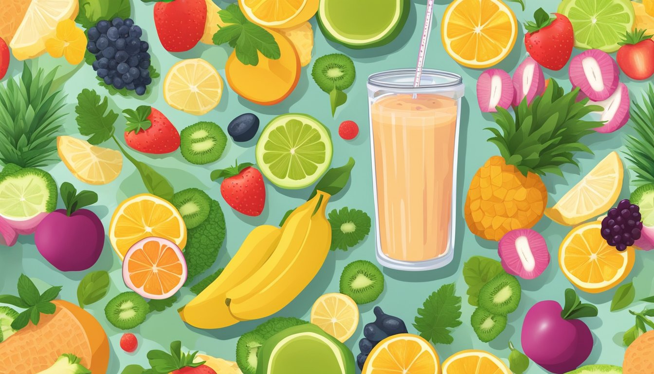 A vibrant tropical smoothie surrounded by fresh fruits and vegetables, with a measuring tape and a scale nearby