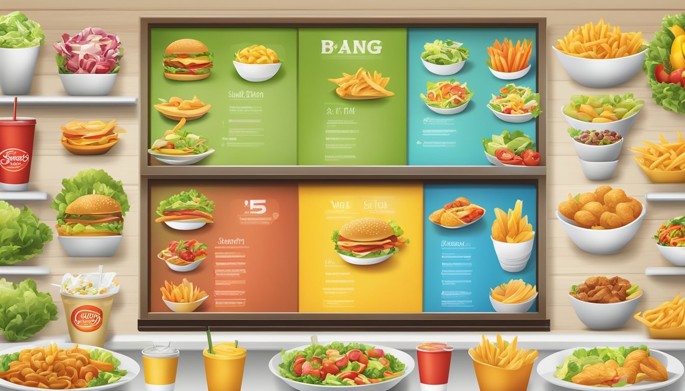 A colorful fast food restaurant menu board displaying a variety of healthy options such as salads, grilled chicken, and fruit cups