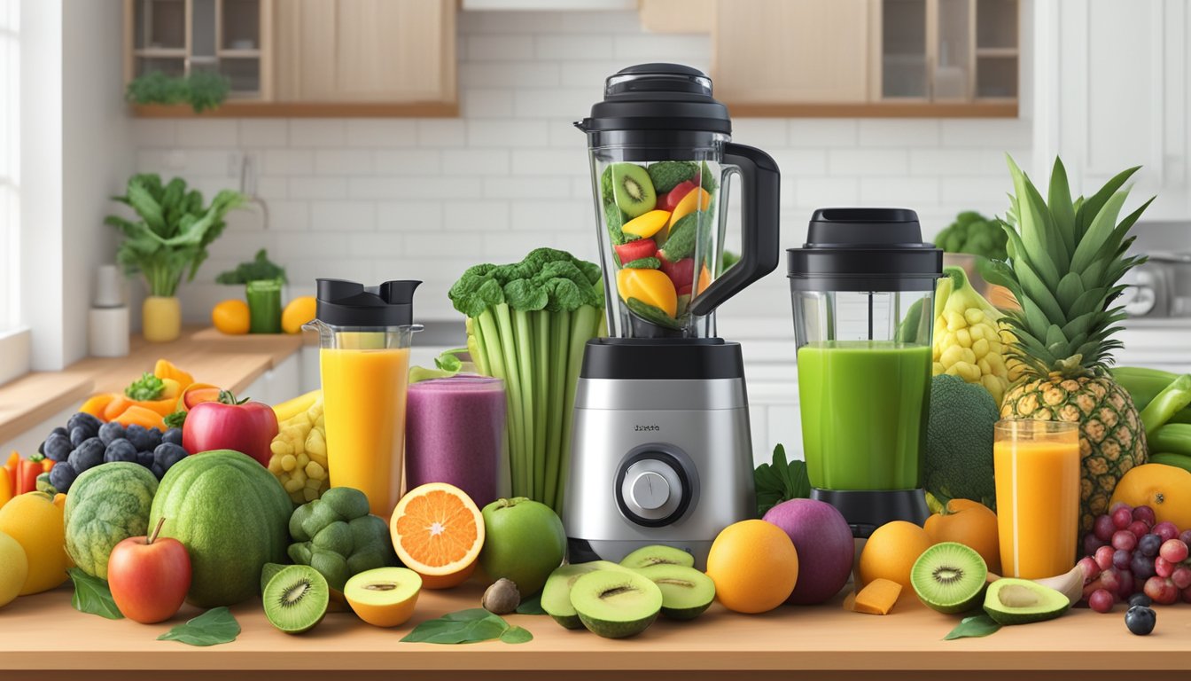 A colorful array of fresh tropical fruits and vegetables spread out on a kitchen counter, with a blender and various healthy smoothie ingredients nearby