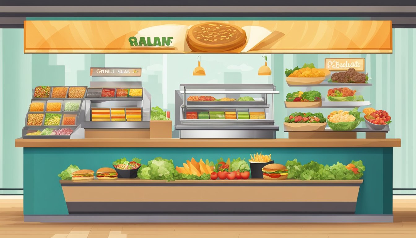 A fast food counter with colorful, fresh ingredients displayed in front of a menu board. Options include salads, grilled chicken, and fruit cups