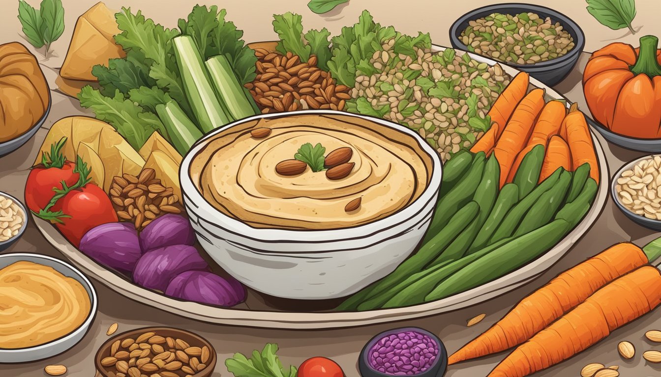 A bowl of hummus surrounded by colorful and fresh vegetables, whole grain pita bread, and a variety of nuts and seeds