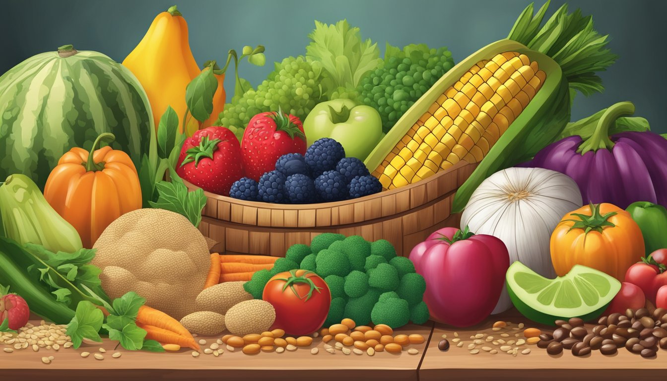 A colorful array of fresh fruits and vegetables displayed on a wooden table, with a variety of whole grains and legumes in the background