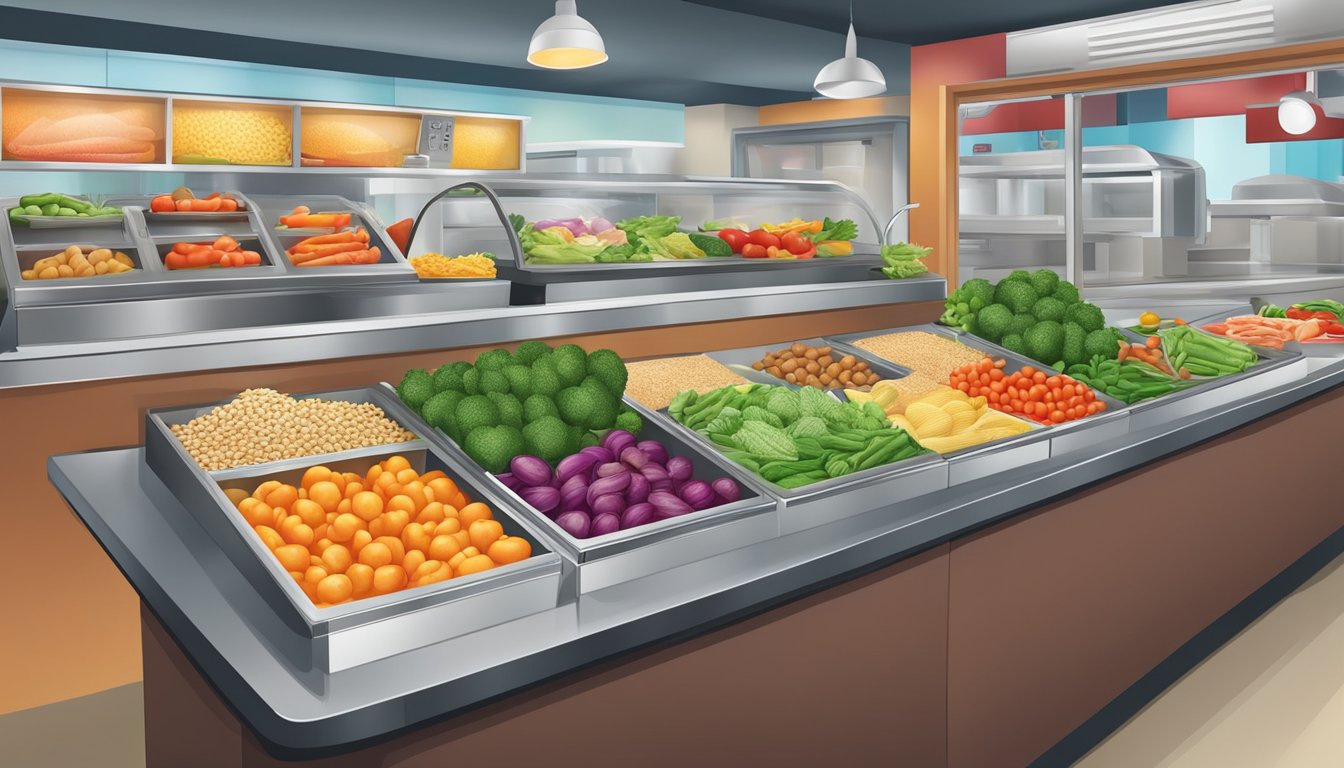 A colorful array of fresh vegetables, grains, and lean proteins displayed in a fast food restaurant setting