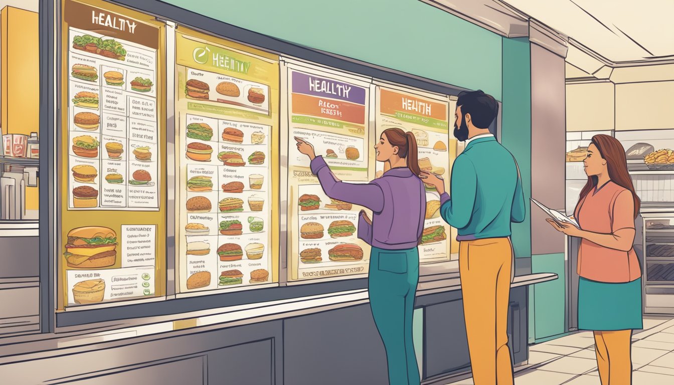 A person standing in front of a fast food menu, pointing at options labeled "healthy" and "dietary restrictions," while a server takes their order