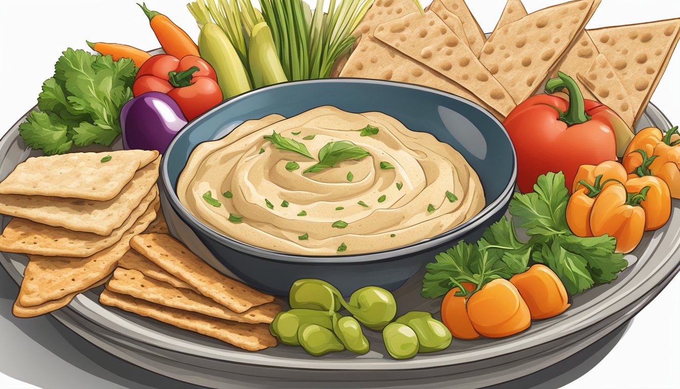 A colorful array of fresh vegetables, pita bread, and whole grain crackers arranged around a bowl of creamy hummus