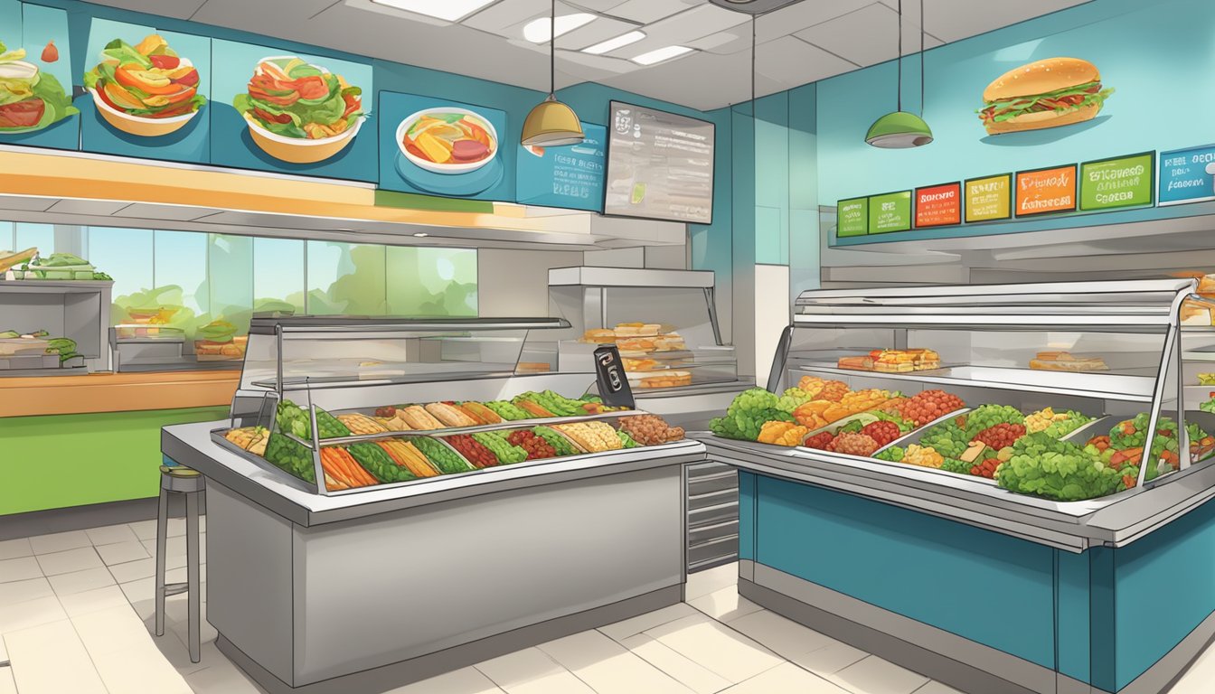 A colorful display of fresh salads, grilled chicken sandwiches, and fruit cups at a fast food restaurant, with signs promoting "Specialty Items" and "Limited Offers."