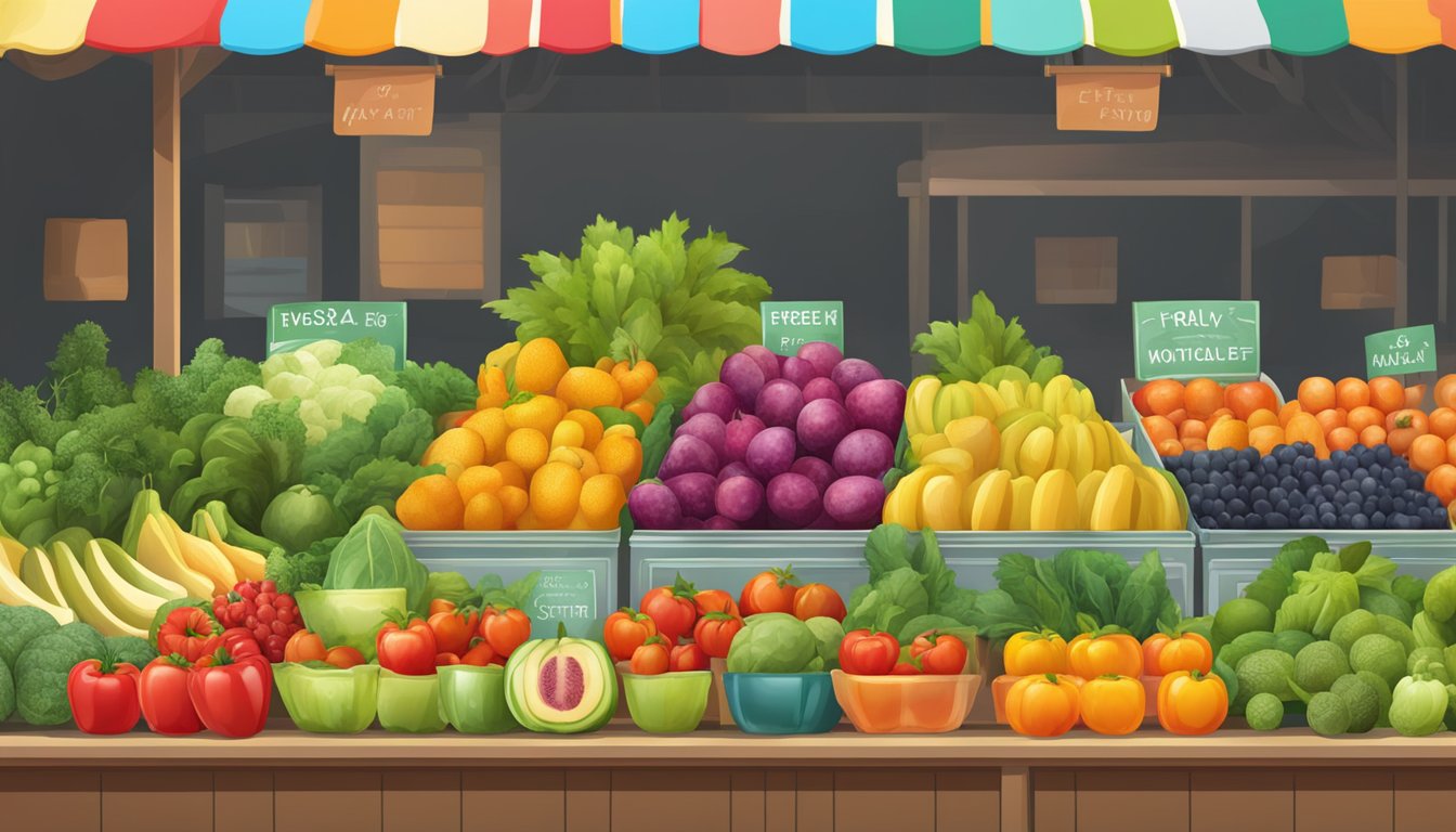 A colorful array of fresh fruits and vegetables displayed on a market stand