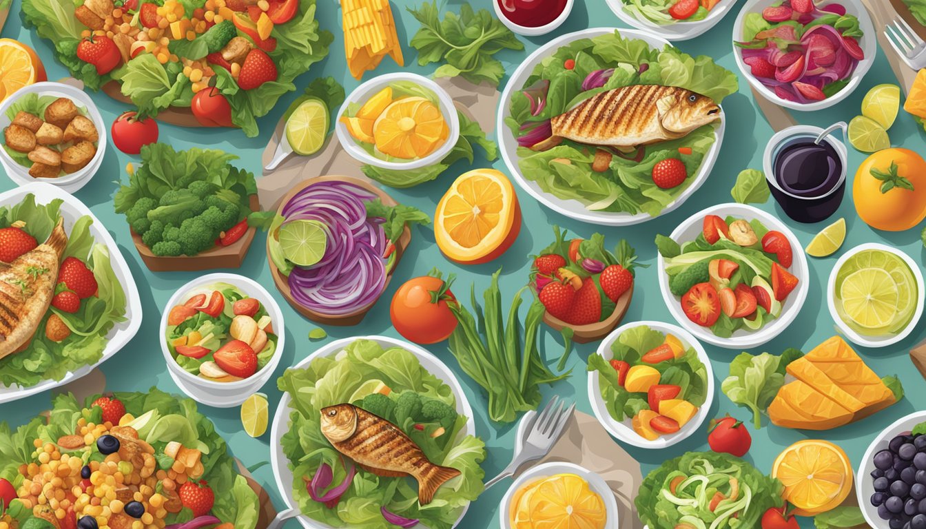 A colorful array of fresh salads, grilled fish, and vegetable dishes on a BJ's Restaurant menu, surrounded by vibrant fruits and vegetables