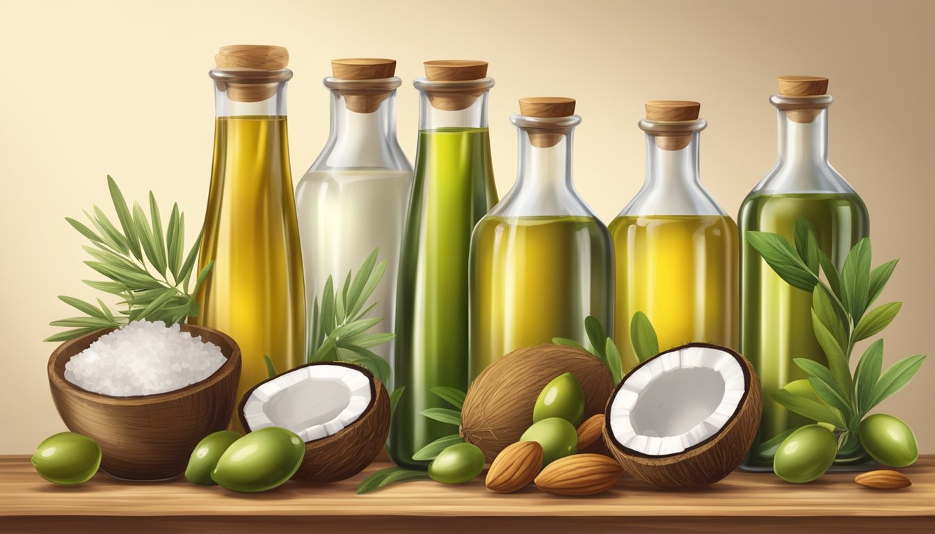 A variety of bottles and jars filled with different oils, such as olive, coconut, and almond, arranged on a wooden table with fresh herbs and fruits