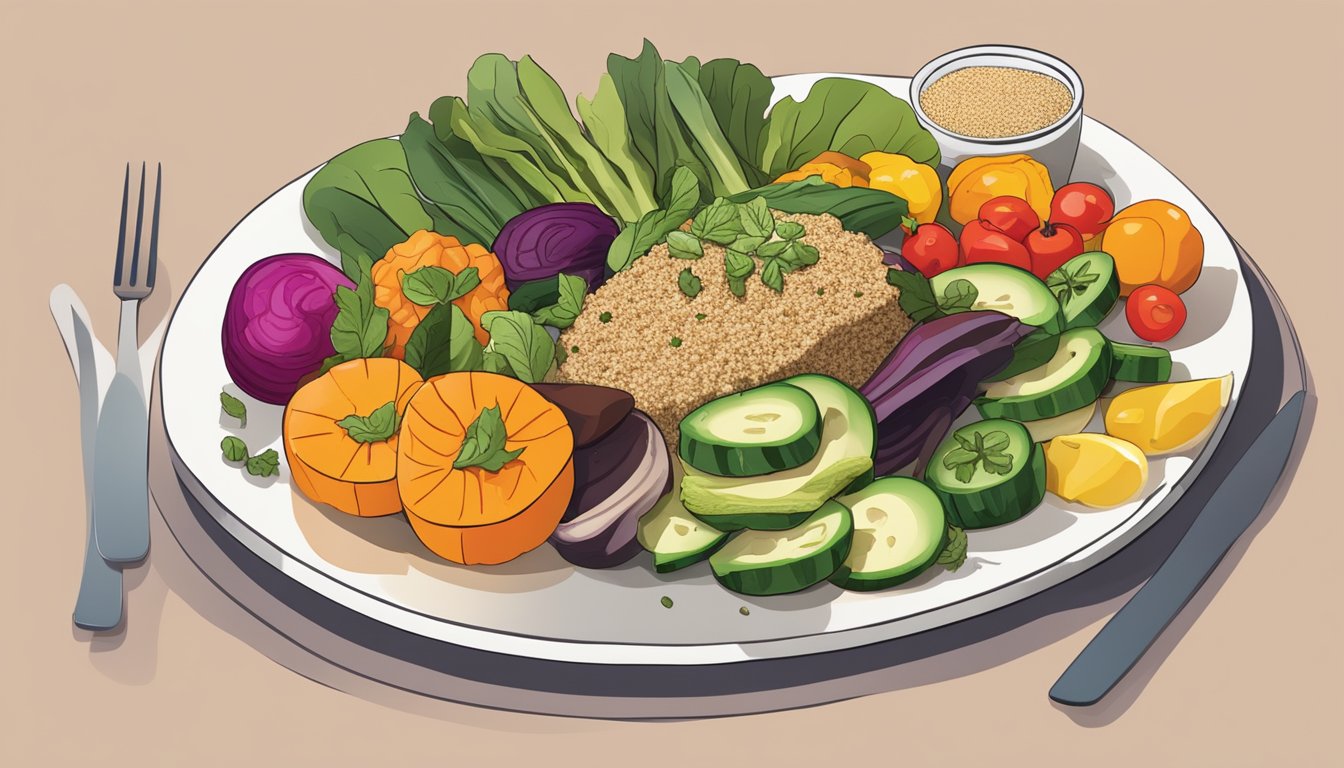 A colorful array of grilled vegetables, quinoa salad, and lean protein options arranged on a modern, minimalist plate