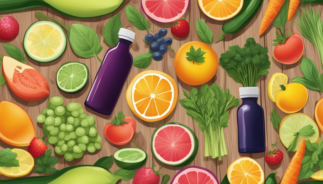 A colorful array of fresh fruits, vegetables, and herbs, along with bottles of essential oils, arranged on a wooden cutting board