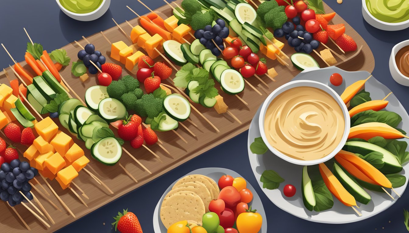 A colorful array of fresh vegetable skewers, fruit platters, and whole grain crackers with hummus, displayed on a sleek, modern serving platter