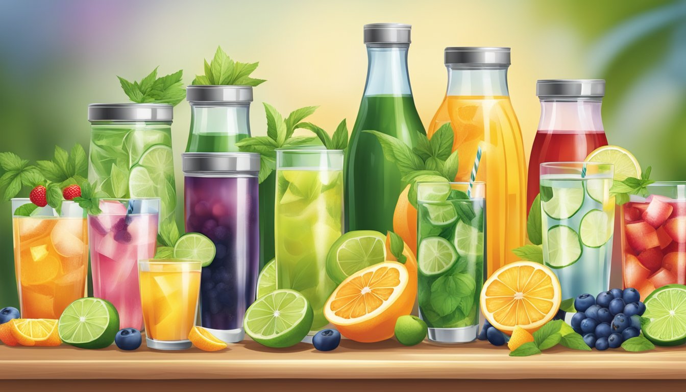 A table set with a colorful array of fresh, healthy beverages to complement a meal, including fruit-infused water, herbal teas, and freshly squeezed juices