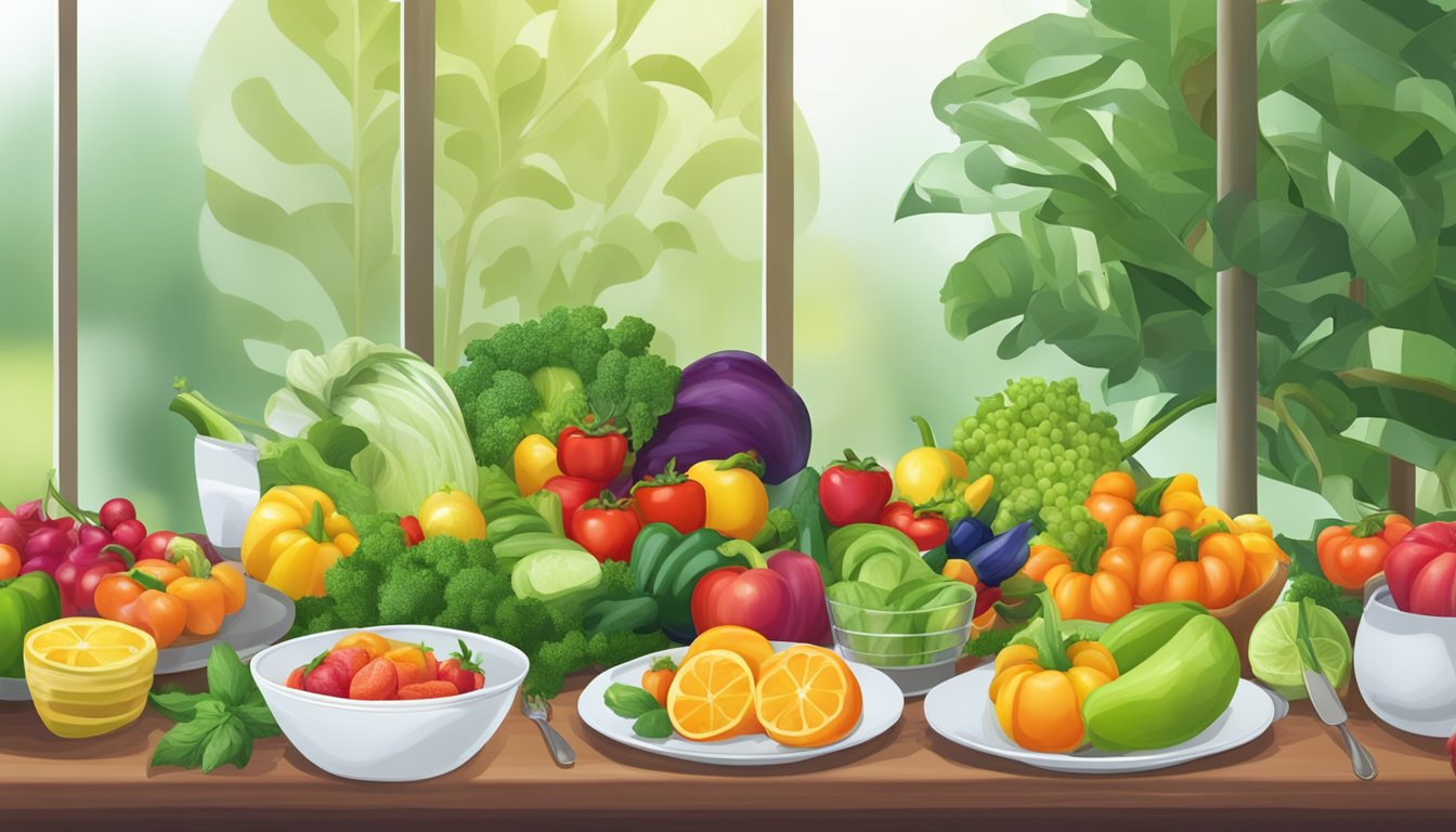 A colorful array of fresh vegetables and fruits arranged on a clean, modern table setting