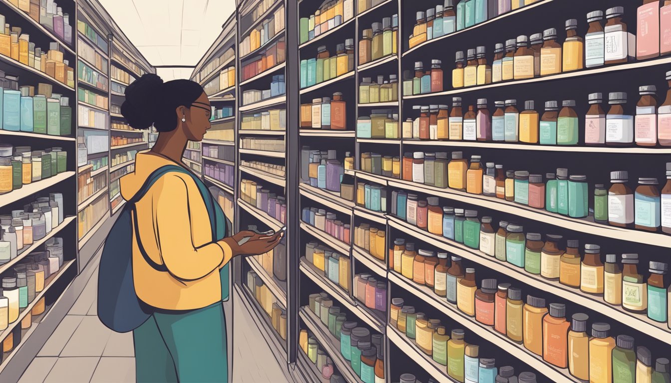 A person browsing shelves of essential oils and natural products, speaking with suppliers and gathering resources for healthy options