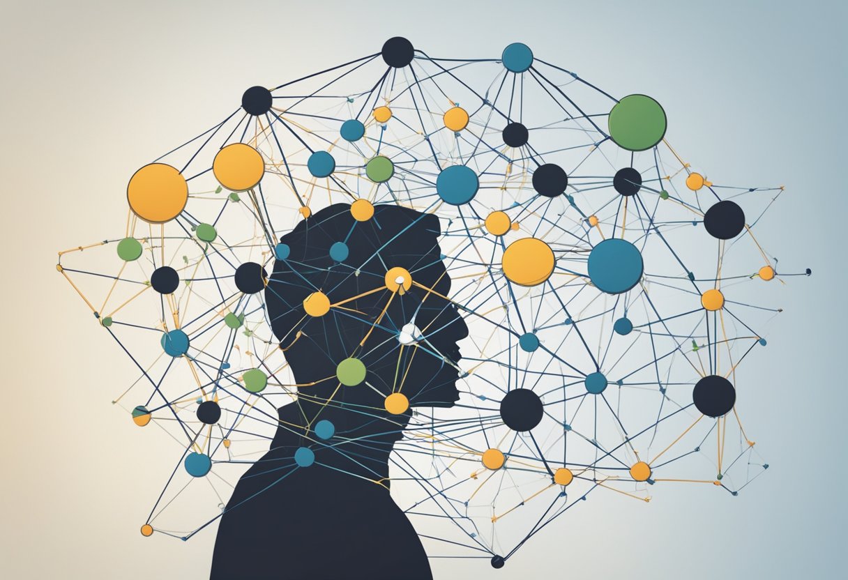 A person surrounded by a network of interconnected support structures, with arrows and lines connecting them, symbolizing the process of learning to advocate for oneself in tough situations