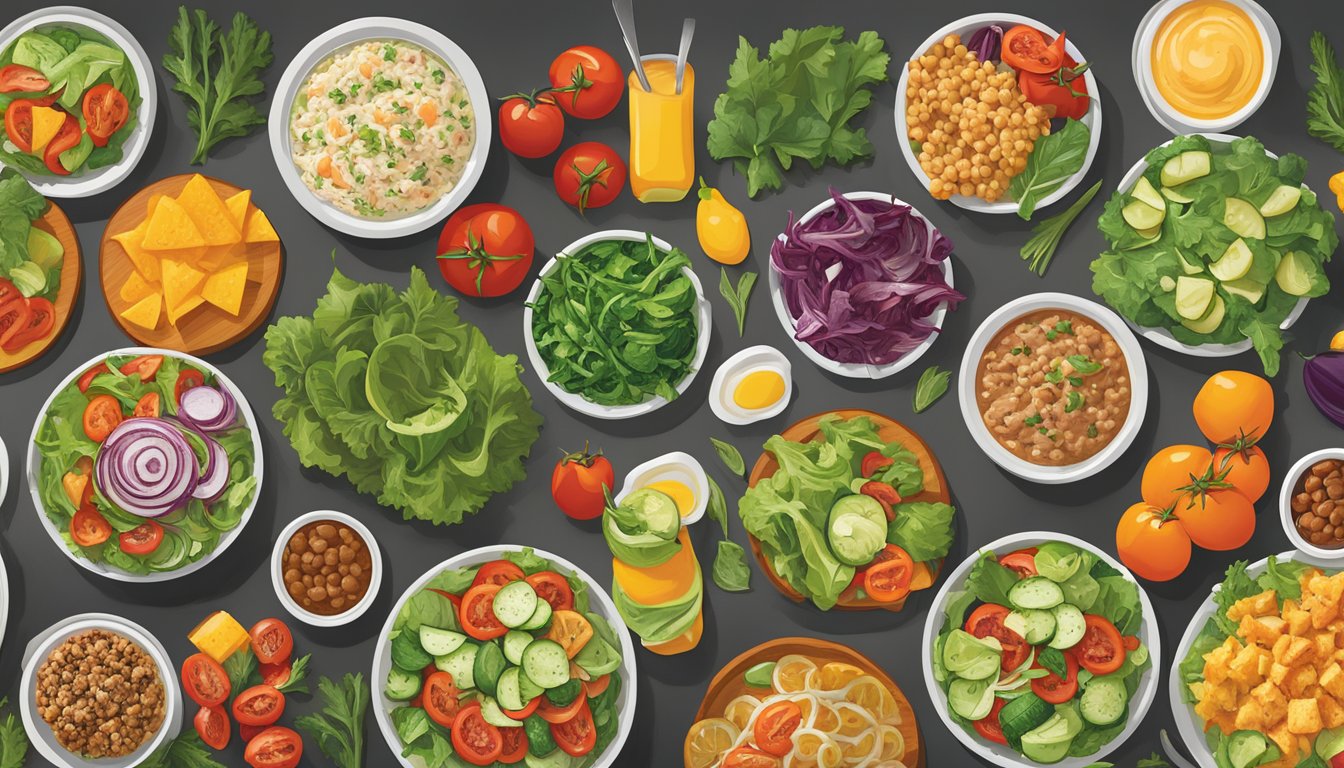 A colorful array of fresh salads, grilled vegetables, and lean proteins displayed on a vibrant menu board at McAlister's Deli