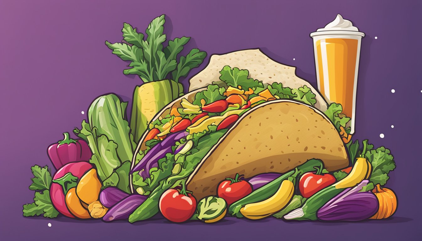 A colorful array of fresh vegetables and lean protein options arranged next to the familiar logo of Taco Bell