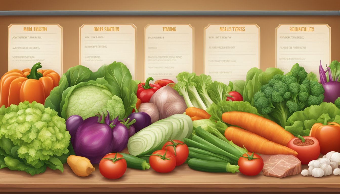 A colorful array of fresh vegetables and lean meats displayed on a menu board, with a focus on balanced nutrition and healthy options