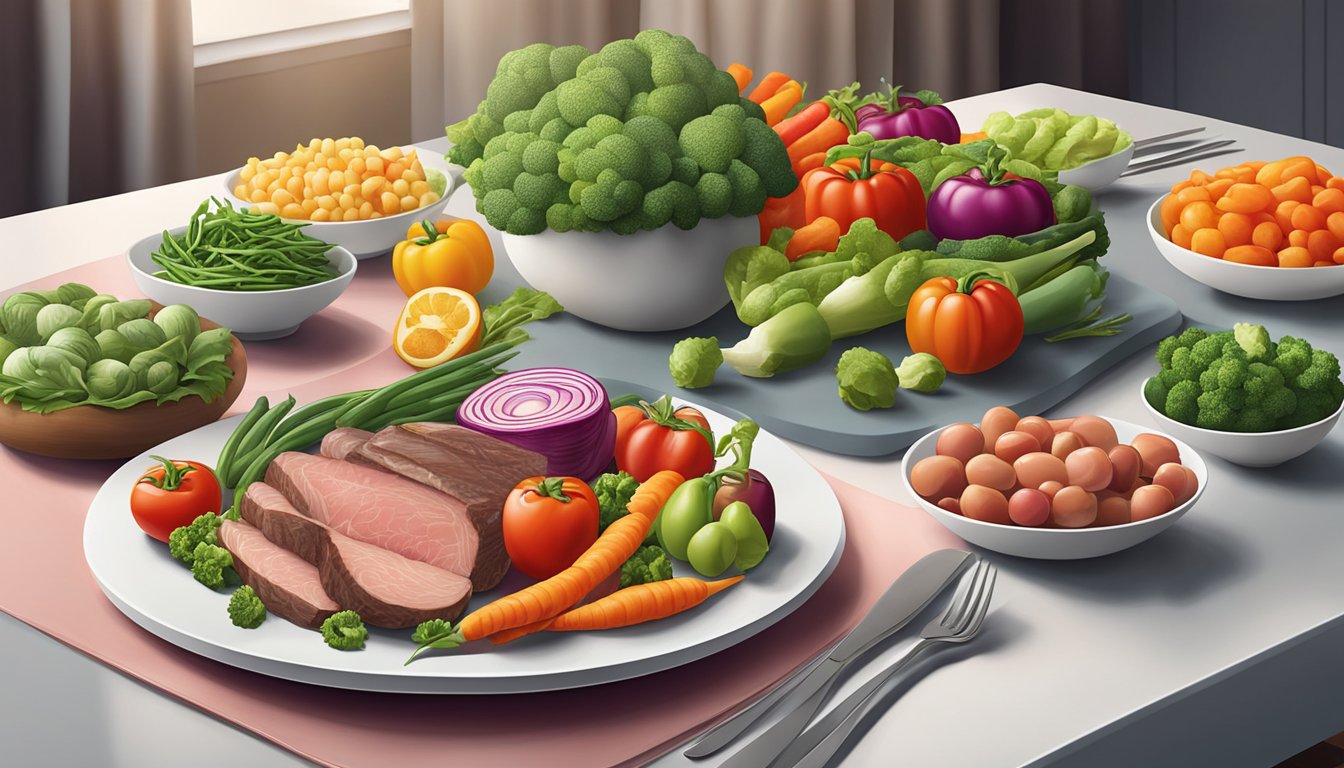 A colorful array of fresh vegetables and lean meats displayed on a clean, modern table setting