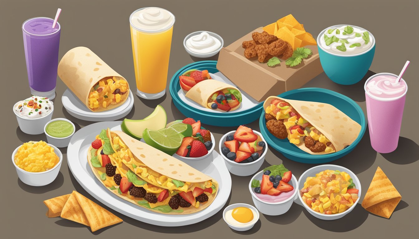 A colorful spread of Taco Bell breakfast items, including a fruit and yogurt parfait, a breakfast burrito, and a grilled breakfast taco, arranged on a table